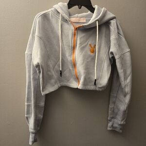 Playboy X Missguided Crop Full Zip Blue Women's Hoodie Sweater Size 6/Medium